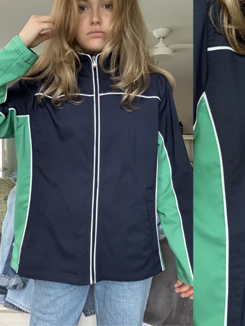 Vintage Navy Blue and Green Colorblock Windbreaker Jacket